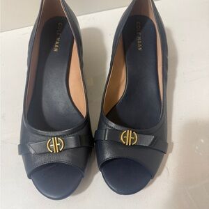 Cole Haan Women's Navy Peep-Toe Flats with Gold Accent